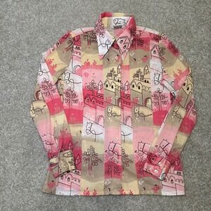 Trissi Vintage 70s Novelty Print Button‎ Up Shirt Womens Medium Castle Horse